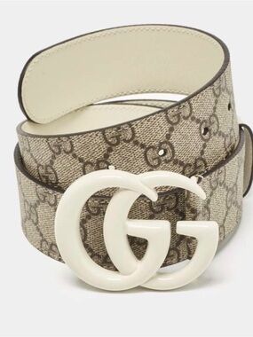 Gucci Beige GG Monogram Canvas Belt with White Double G Buckle